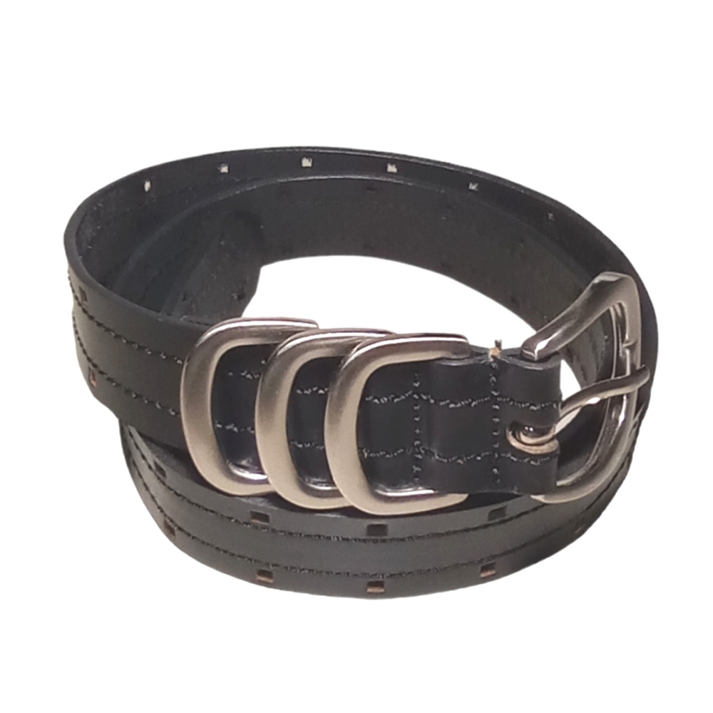 Western Three Silver Loops Black Belt Genuine Leather Women's Belt Small